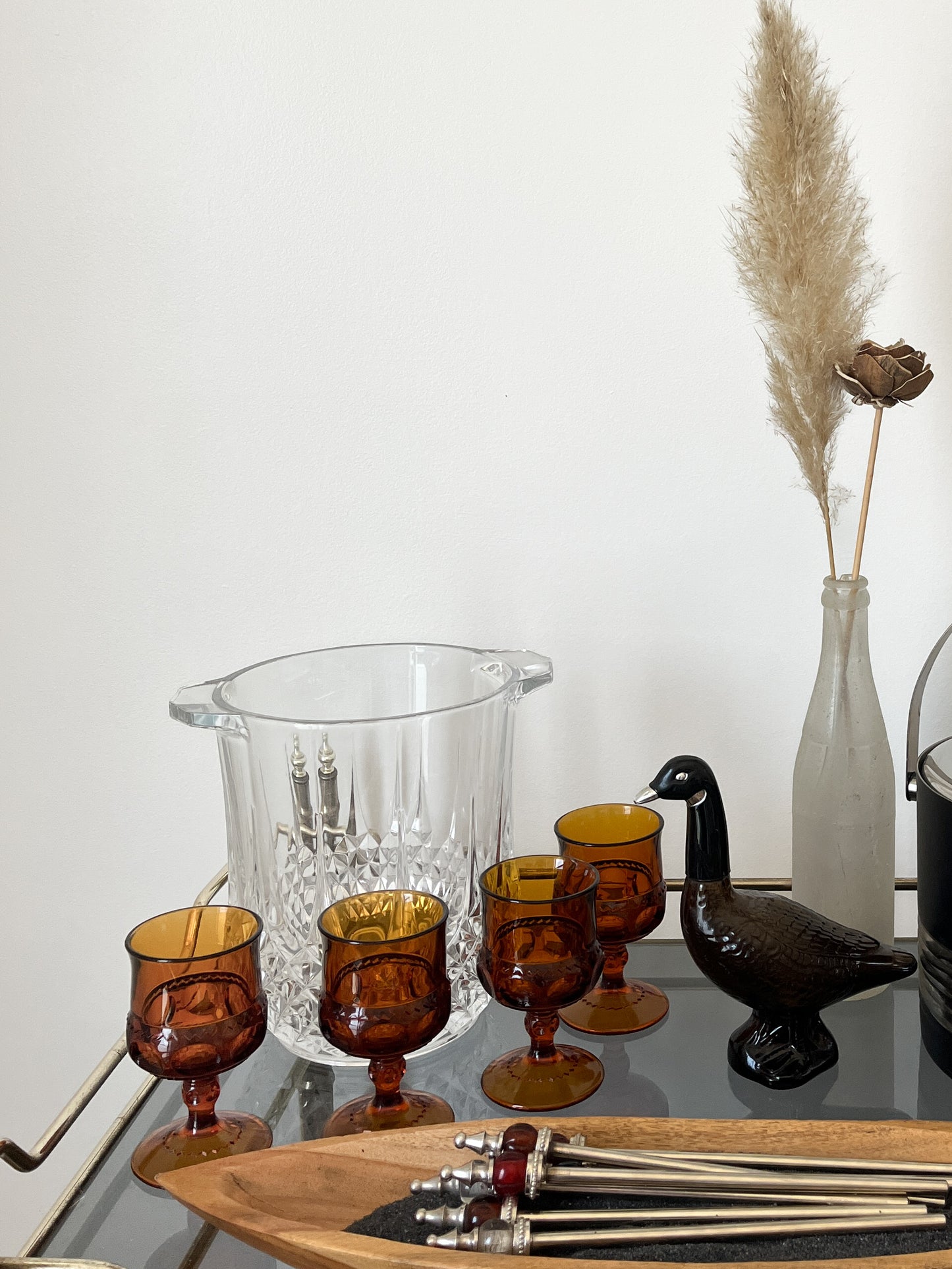 (4) MCM 4oz Amber Kings Crown Indiana Glass Goblets