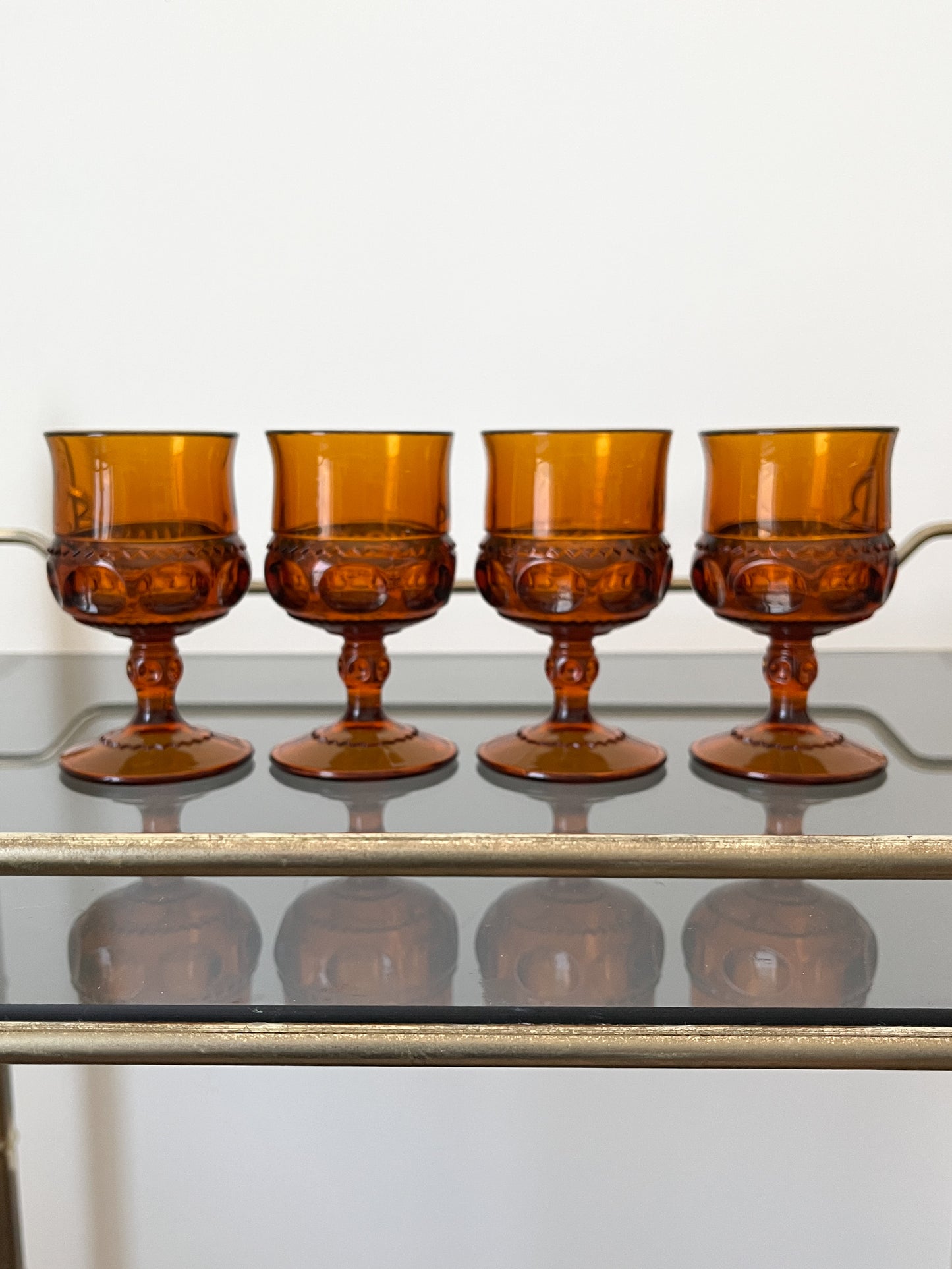 (4) MCM 4oz Amber Kings Crown Indiana Glass Goblets