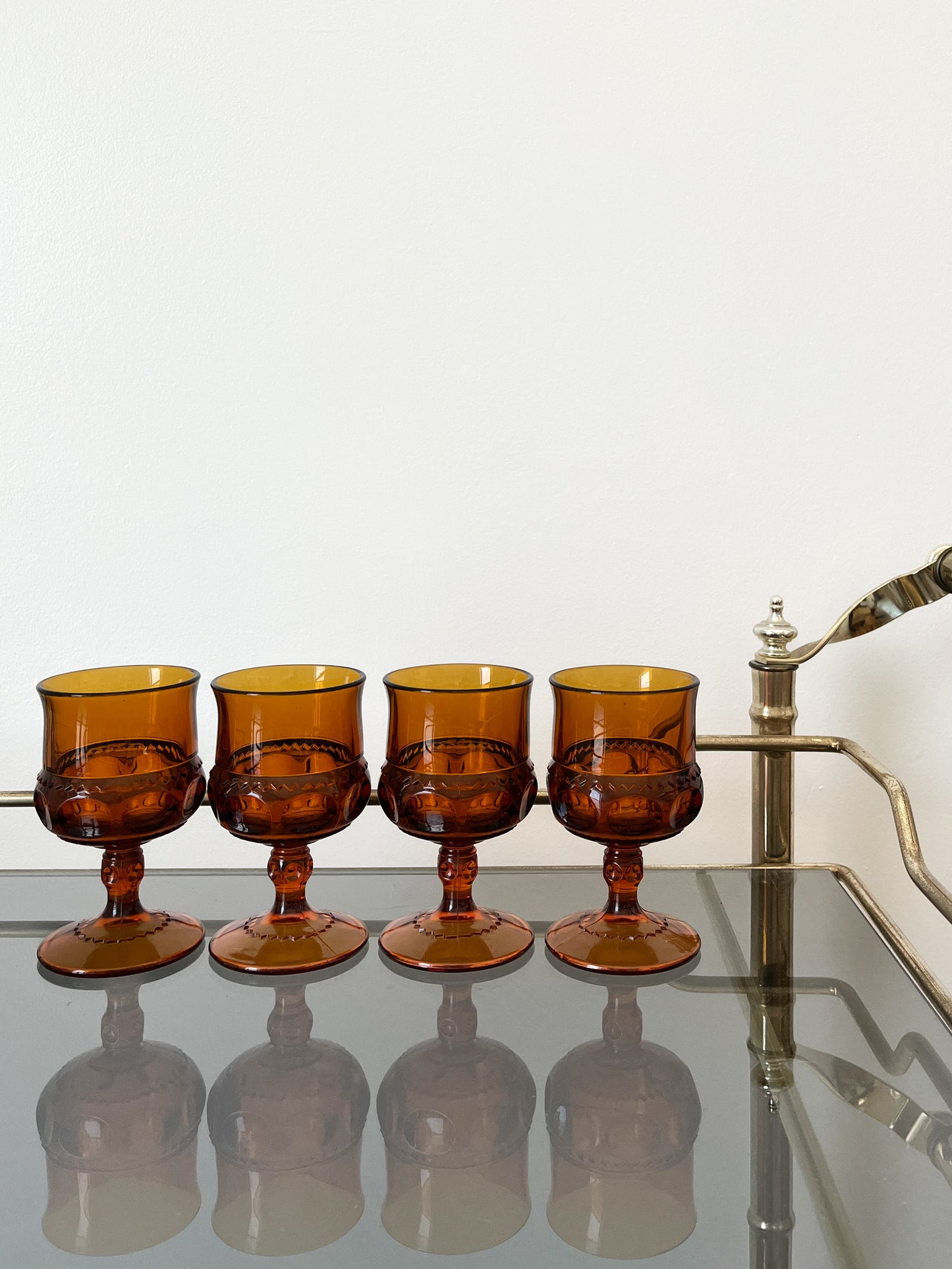 (4) MCM 4oz Amber Kings Crown Indiana Glass Goblets