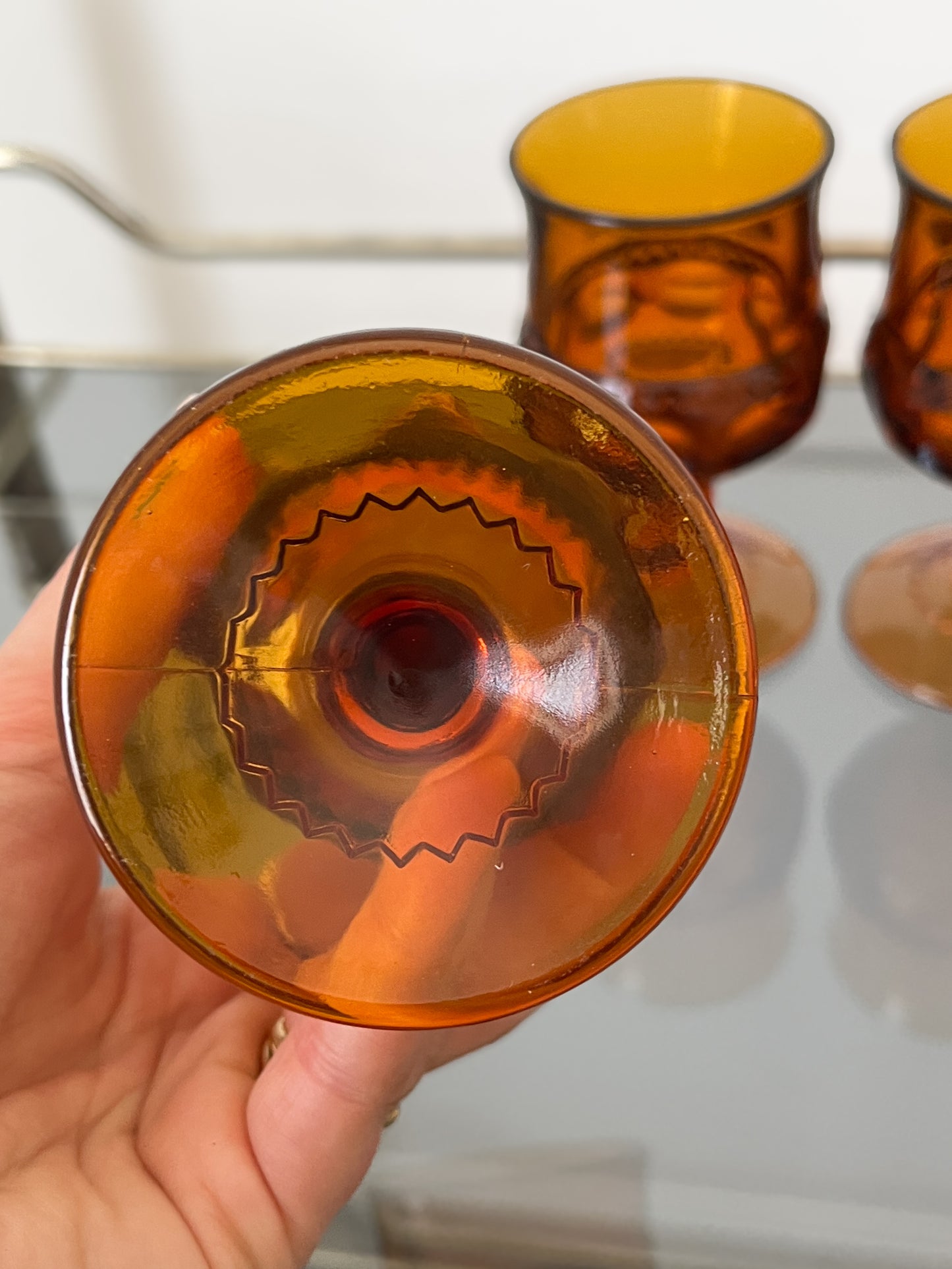 (4) MCM 4oz Amber Kings Crown Indiana Glass Goblets