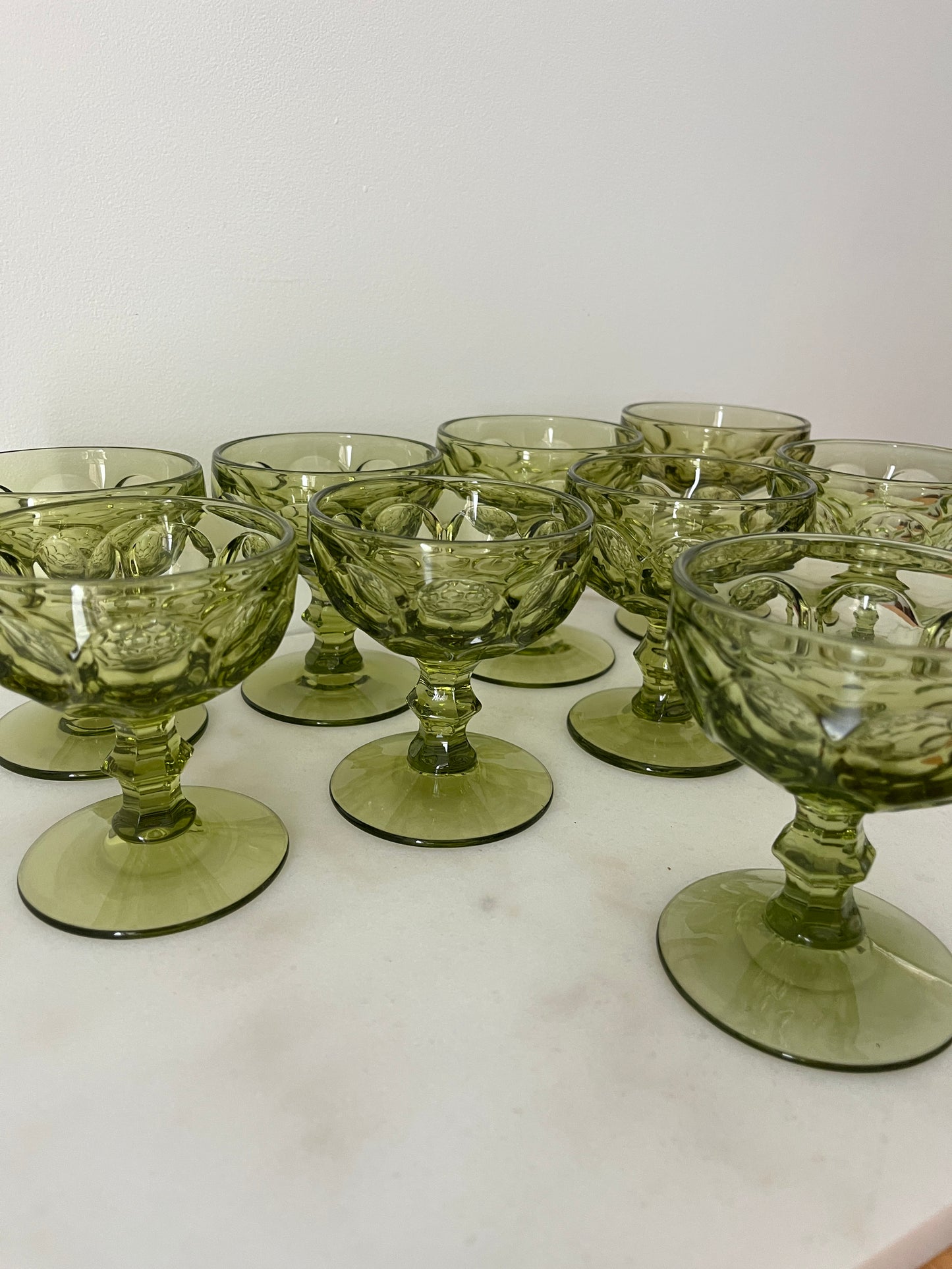 (9) Imperial Glass- Provincial Green Thumbprint Champagne/ Tall Sherbet Glasses