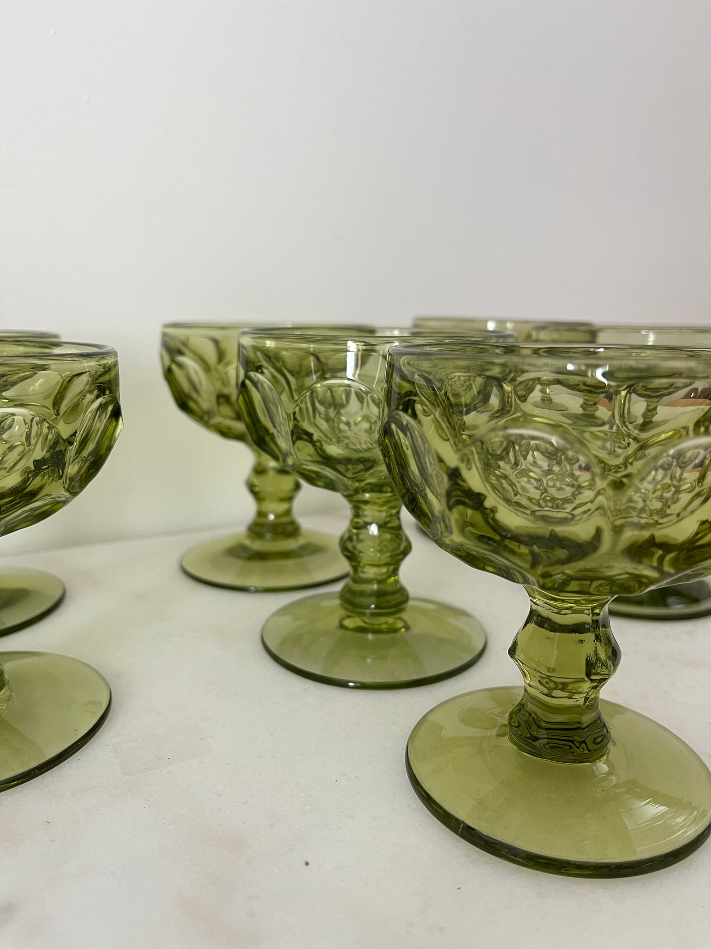 (9) Imperial Glass- Provincial Green Thumbprint Champagne/ Tall Sherbet Glasses