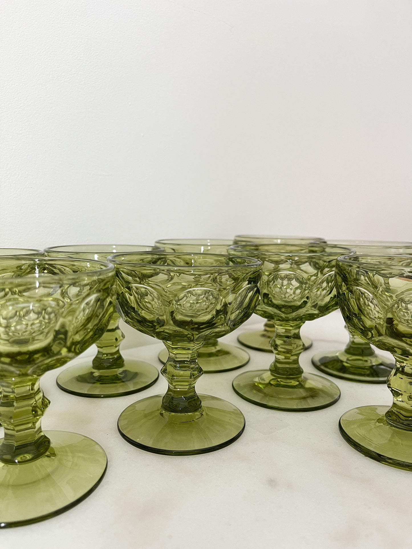 (9) Imperial Glass- Provincial Green Thumbprint Champagne/ Tall Sherbet Glasses