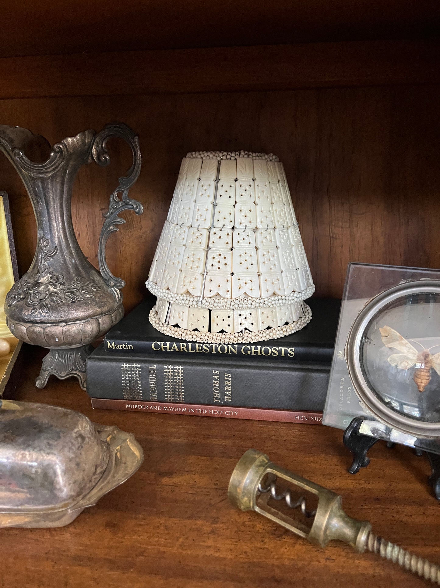(2) Vintage Bovine Bone Tile Clip On Lampshades