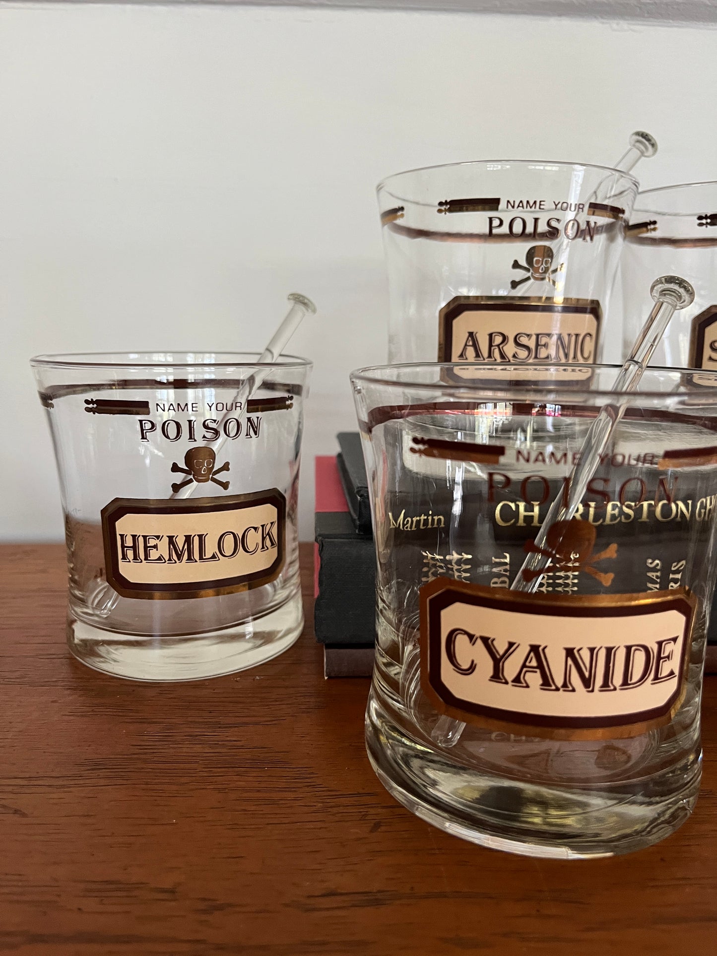 Set of 6 Vintage Cera for Neiman Marcus 'Name Your Poison' Old Fashioned Glasses w/ Glass Swizzle Sticks