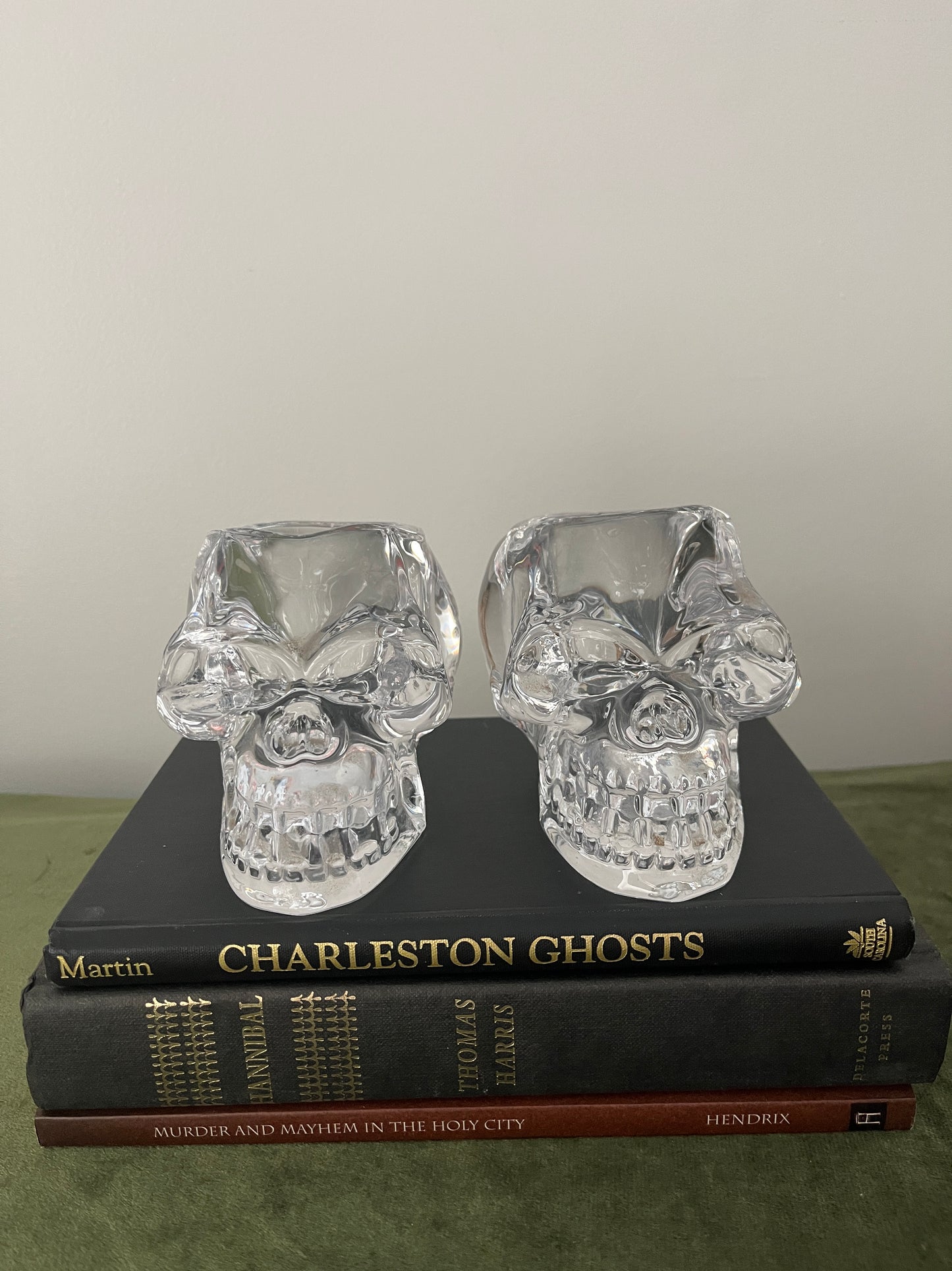 Pair Crystal Skeleton Head Candle Holders