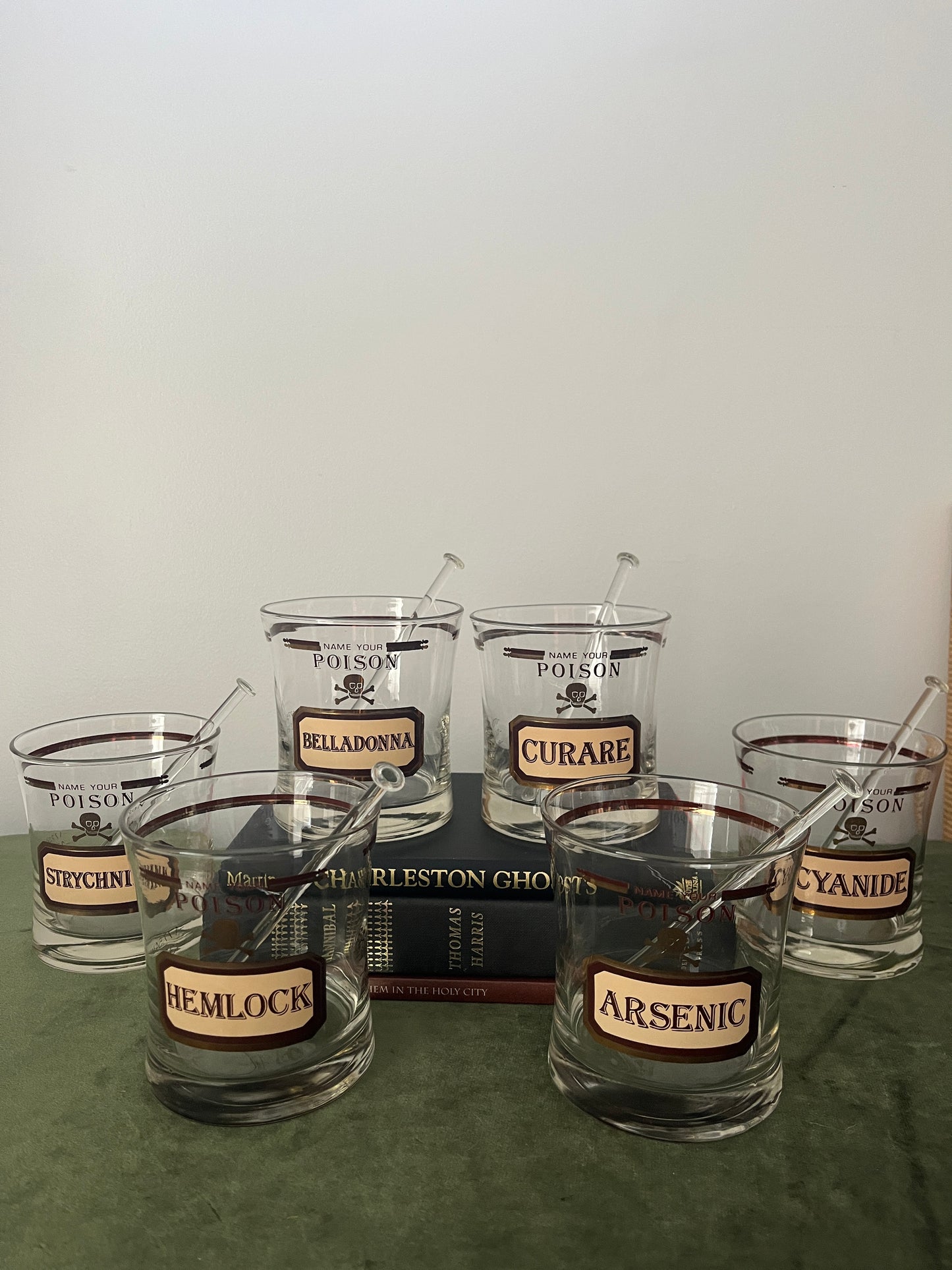 Set of 6 Vintage Cera for Neiman Marcus 'Name Your Poison' Old Fashioned Glasses w/ Glass Swizzle Sticks