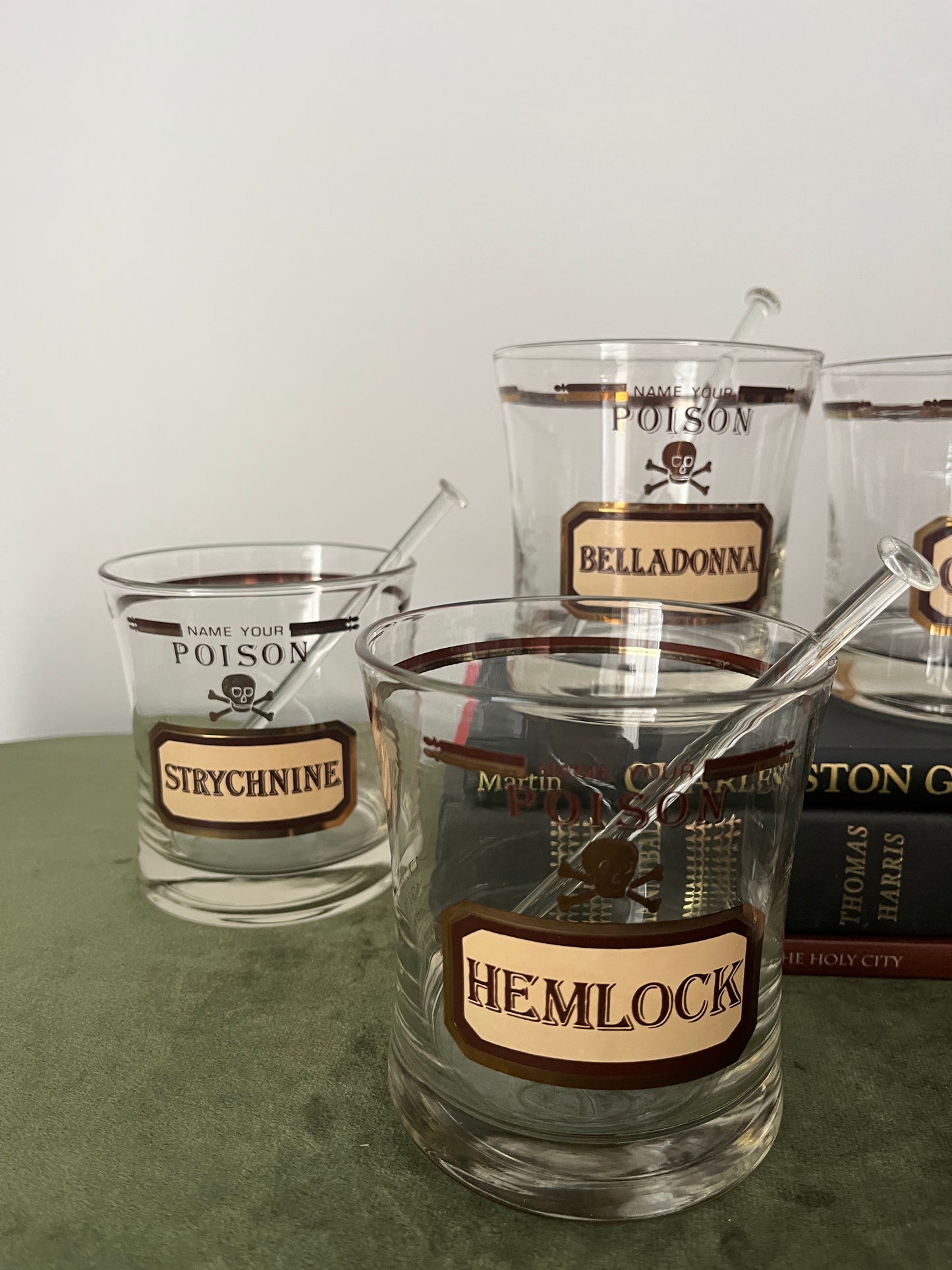Set of 6 Vintage Cera for Neiman Marcus 'Name Your Poison' Old Fashioned Glasses w/ Glass Swizzle Sticks