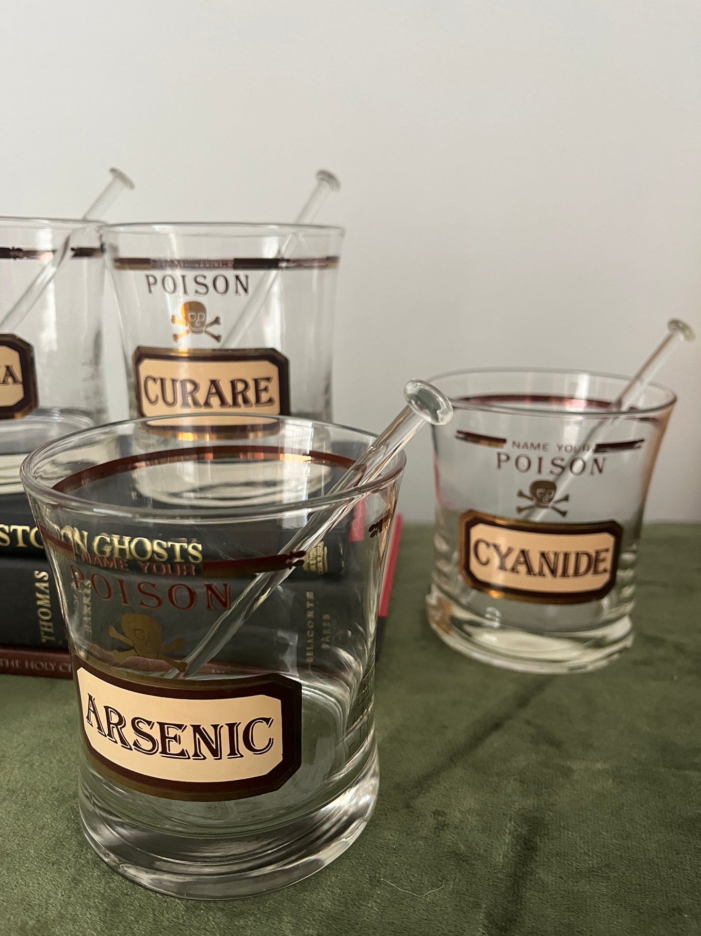 Set of 6 Vintage Cera for Neiman Marcus 'Name Your Poison' Old Fashioned Glasses w/ Glass Swizzle Sticks