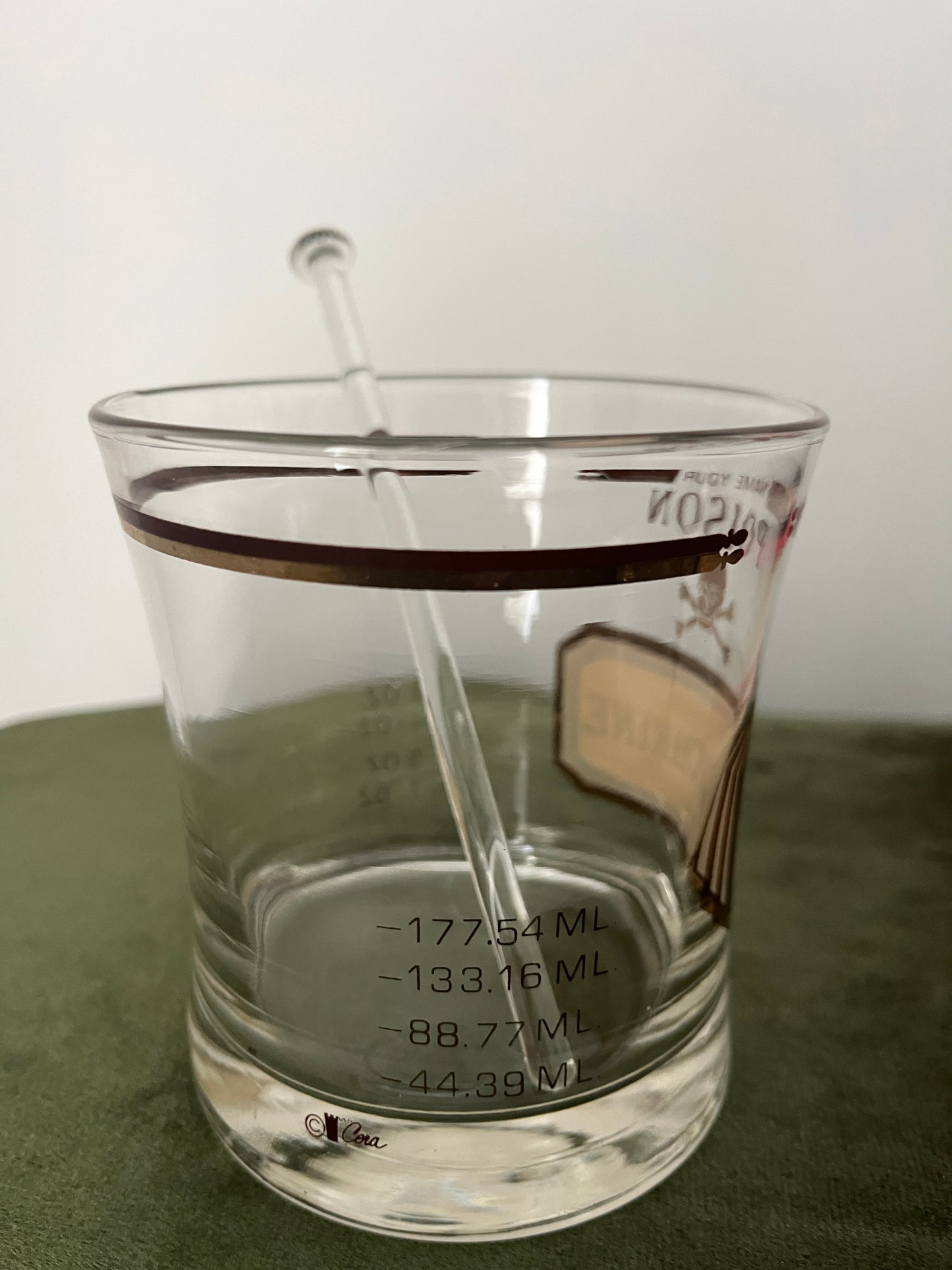 Set of 6 Vintage Cera for Neiman Marcus 'Name Your Poison' Old Fashioned Glasses w/ Glass Swizzle Sticks