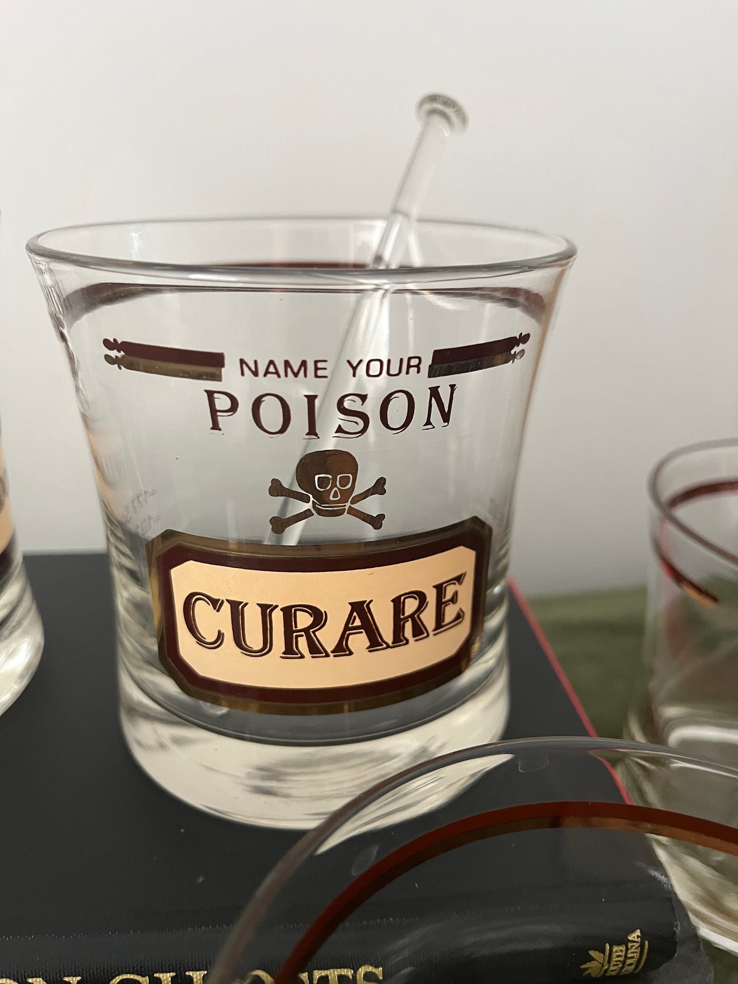 Set of 6 Vintage Cera for Neiman Marcus 'Name Your Poison' Old Fashioned Glasses w/ Glass Swizzle Sticks