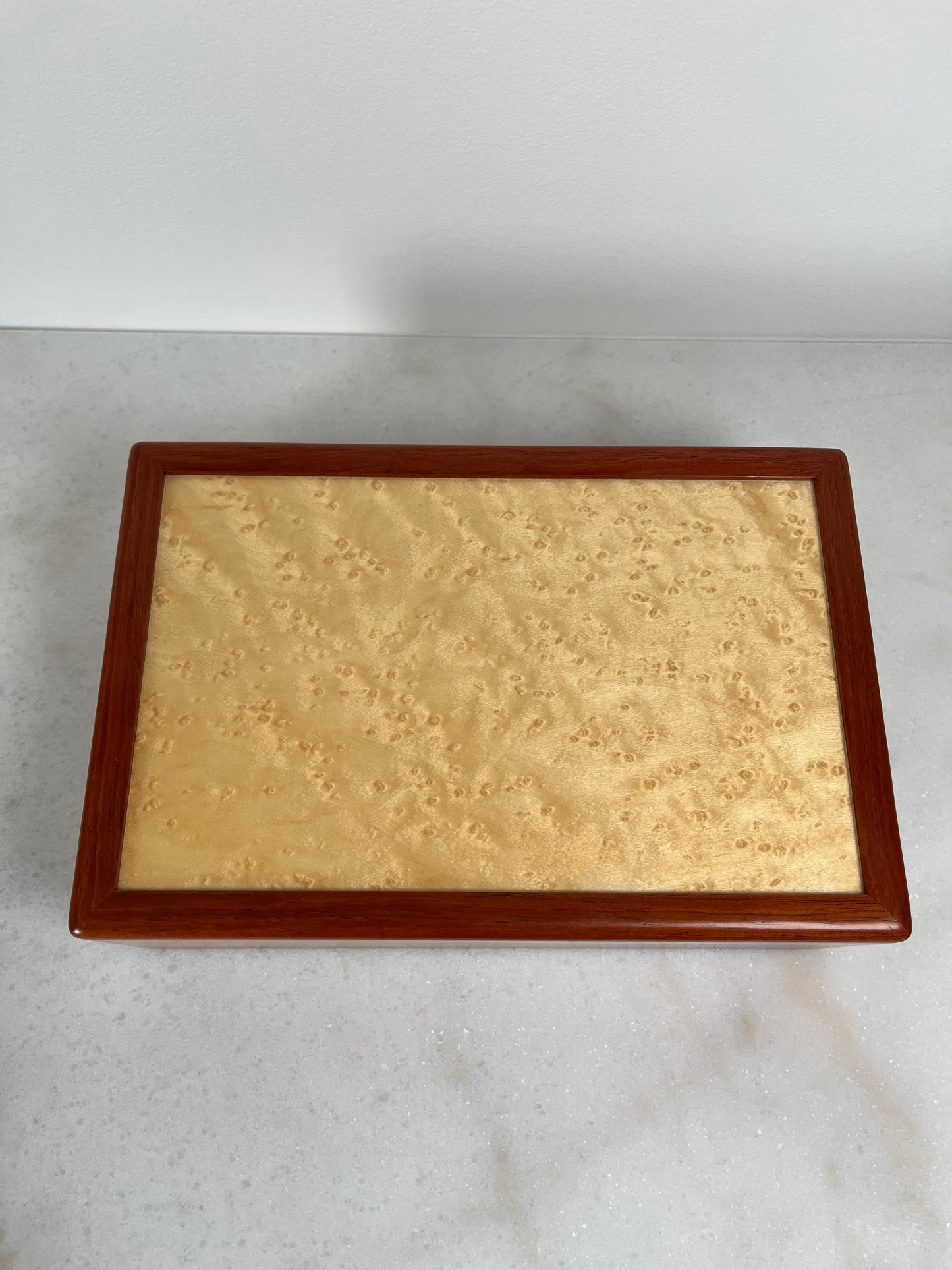 Handcrafted Bubinga & Birdseye Maple Jewelry Box | Sapphire Lined | Artisan Signed