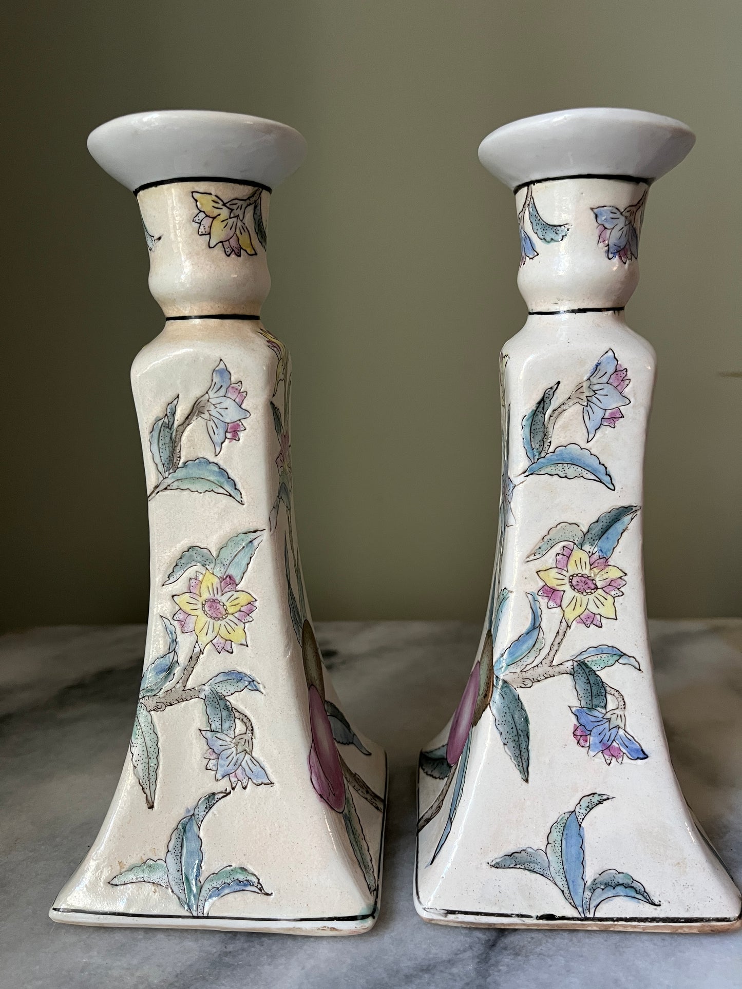 Vintage WBI Asian Porcelain Hand Painted Candlesticks