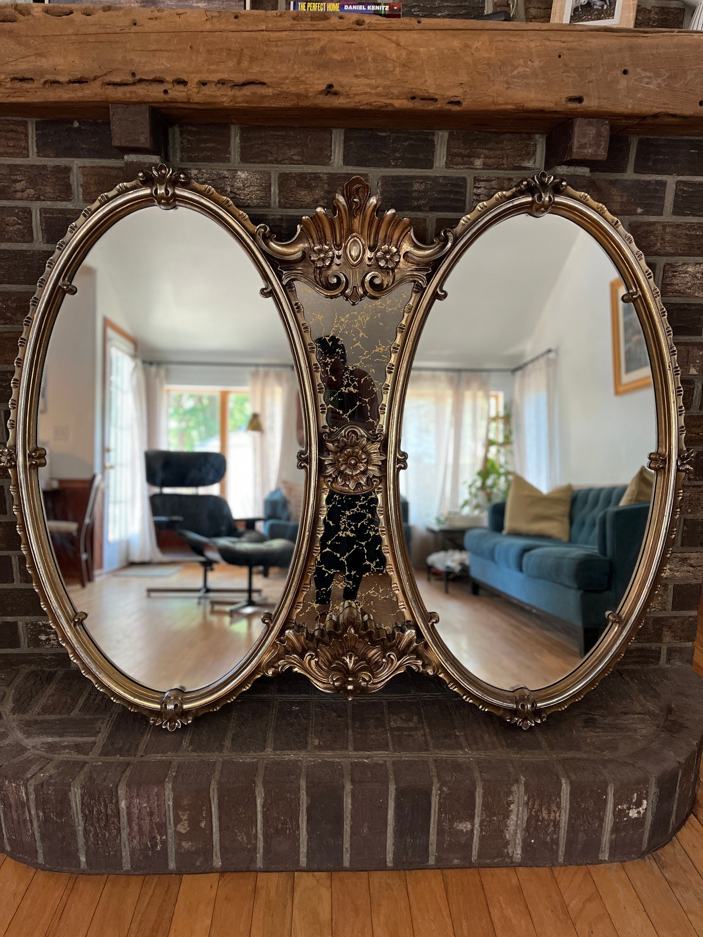 XL Gold Hollywood Regency Double Oval Mirror with Mercury Glass Center