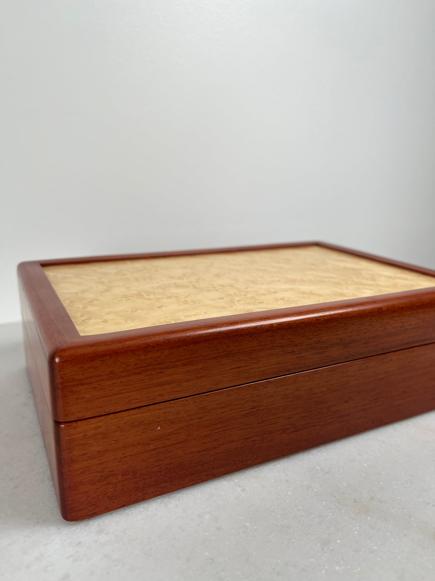 Handcrafted Bubinga & Birdseye Maple Jewelry Box | Sapphire Lined | Artisan Signed