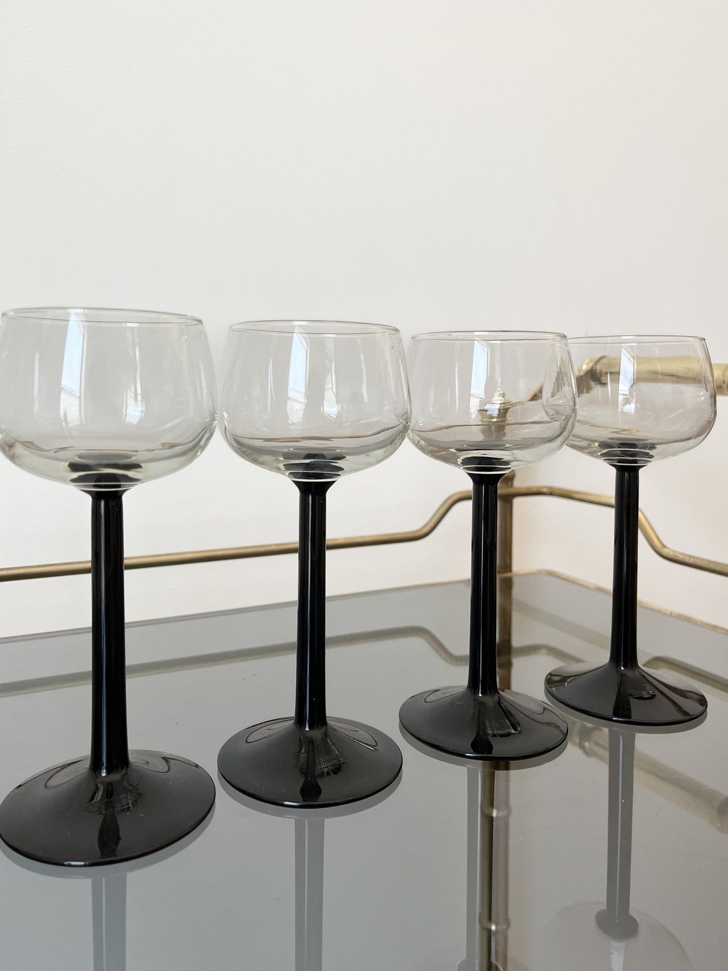(6) Vintage Luminarc France Black Stemmed Apertif Glasses