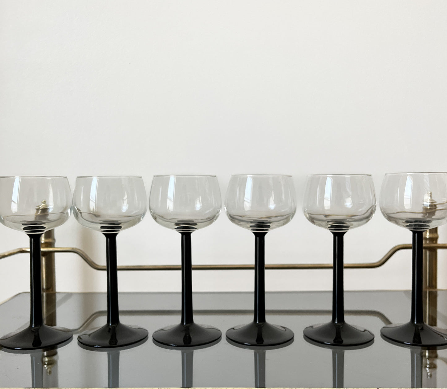 (6) Vintage Luminarc France Black Stemmed Apertif Glasses