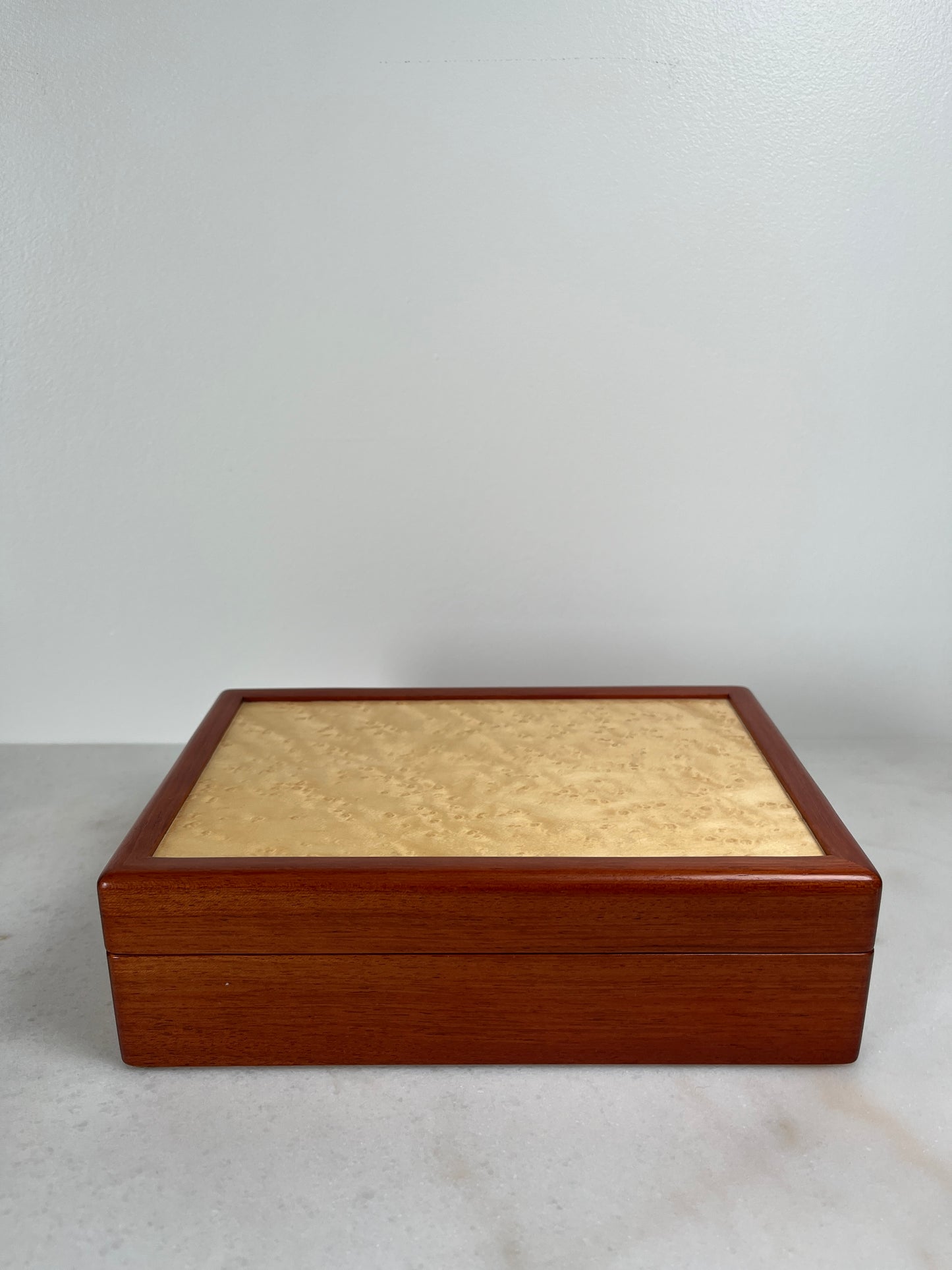 Handcrafted Bubinga & Birdseye Maple Jewelry Box | Sapphire Lined | Artisan Signed