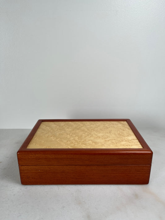 Handcrafted Bubinga & Birdseye Maple Jewelry Box | Sapphire Lined | Artisan Signed