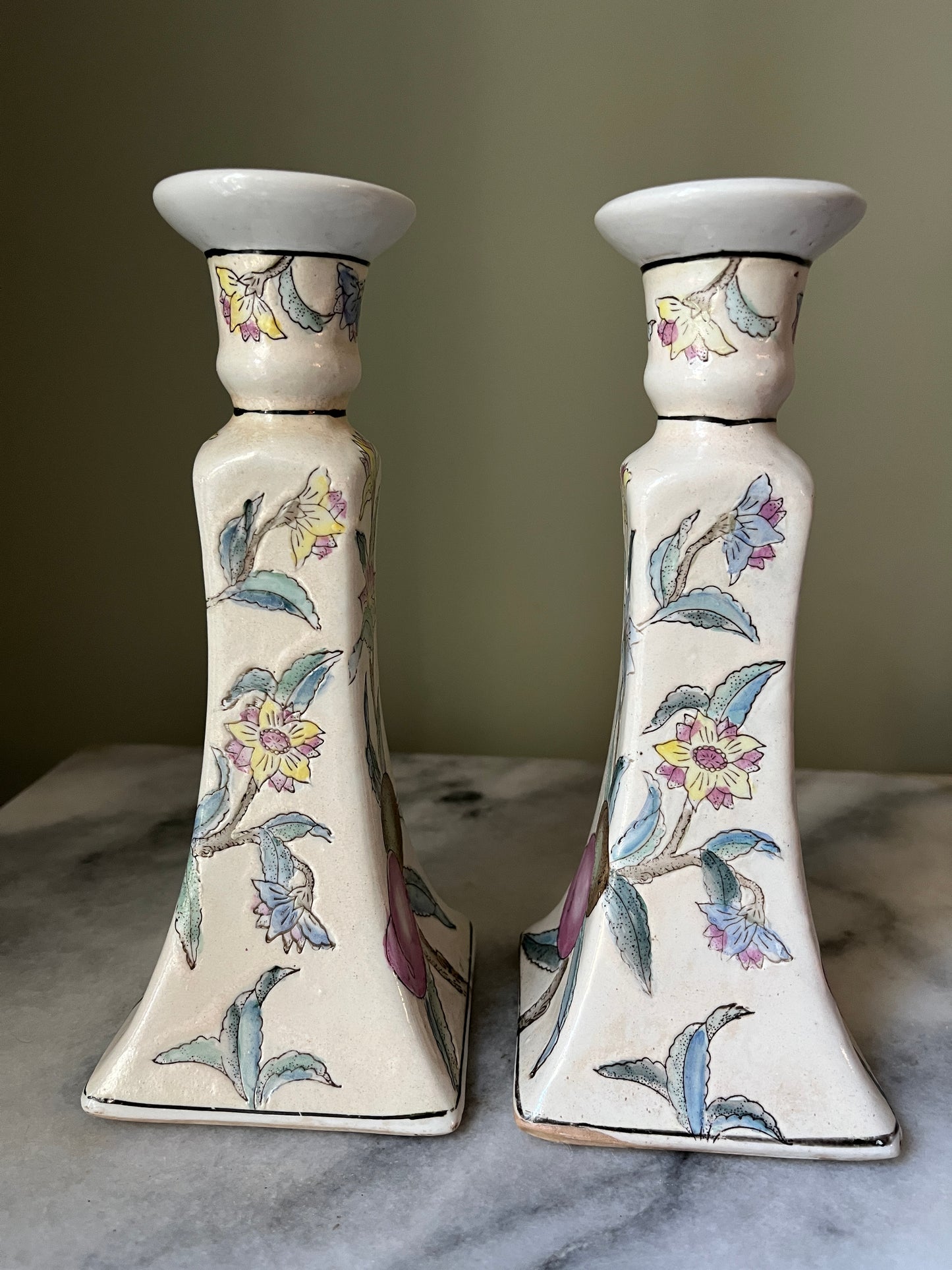 Vintage WBI Asian Porcelain Hand Painted Candlesticks