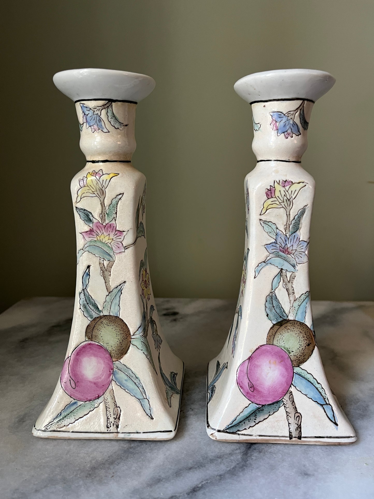 Vintage WBI Asian Porcelain Hand Painted Candlesticks