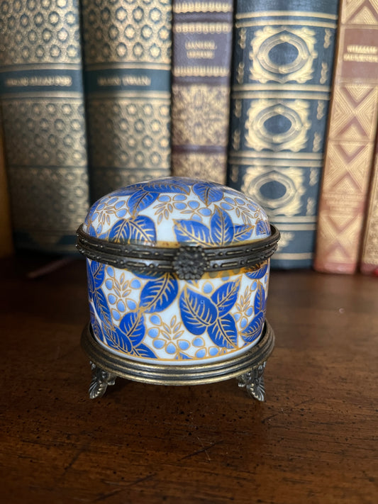Cobalt Blue & Gold Leaf Motif Porcelain Trinket Box