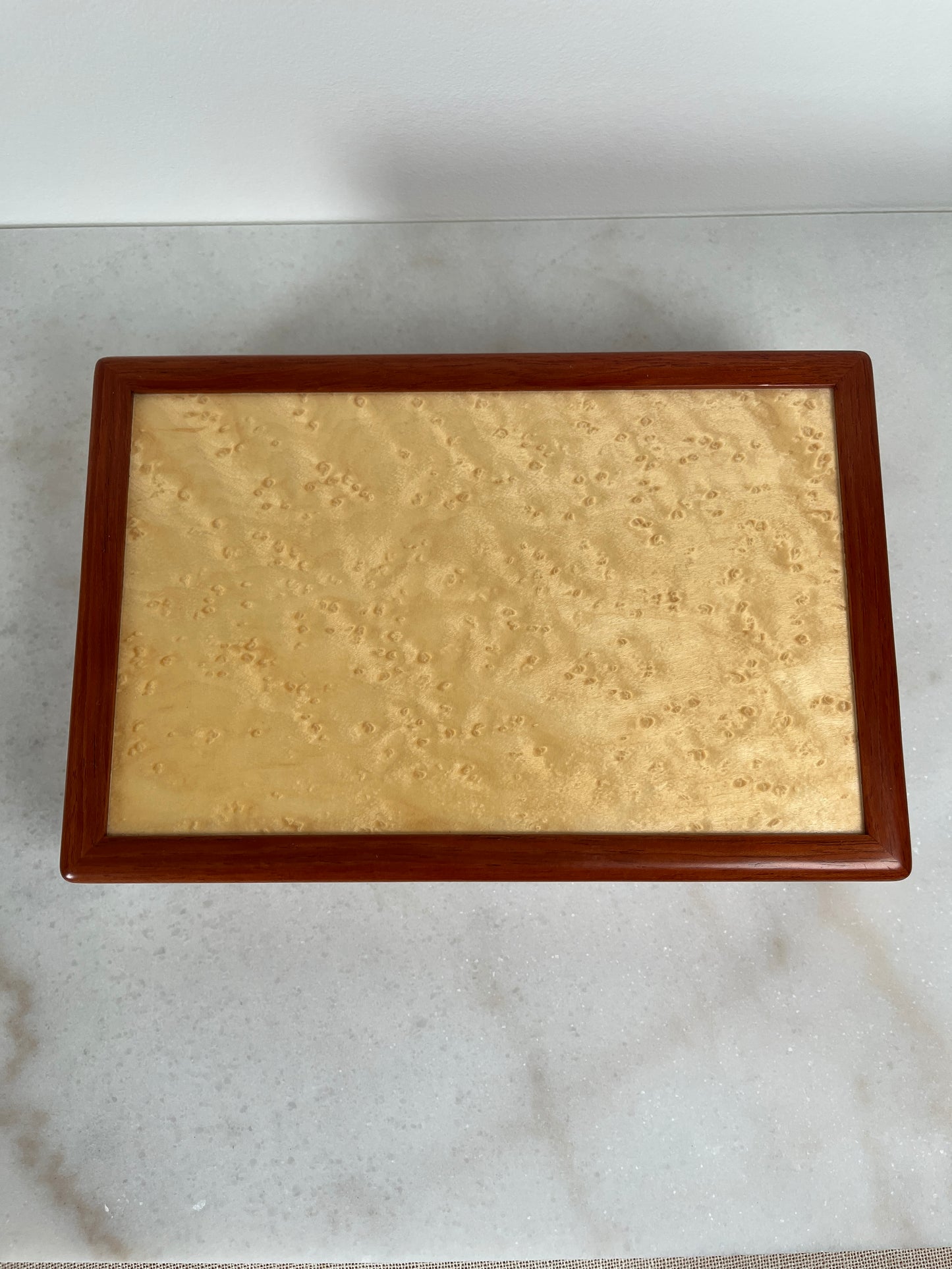 Handcrafted Bubinga & Birdseye Maple Jewelry Box | Sapphire Lined | Artisan Signed