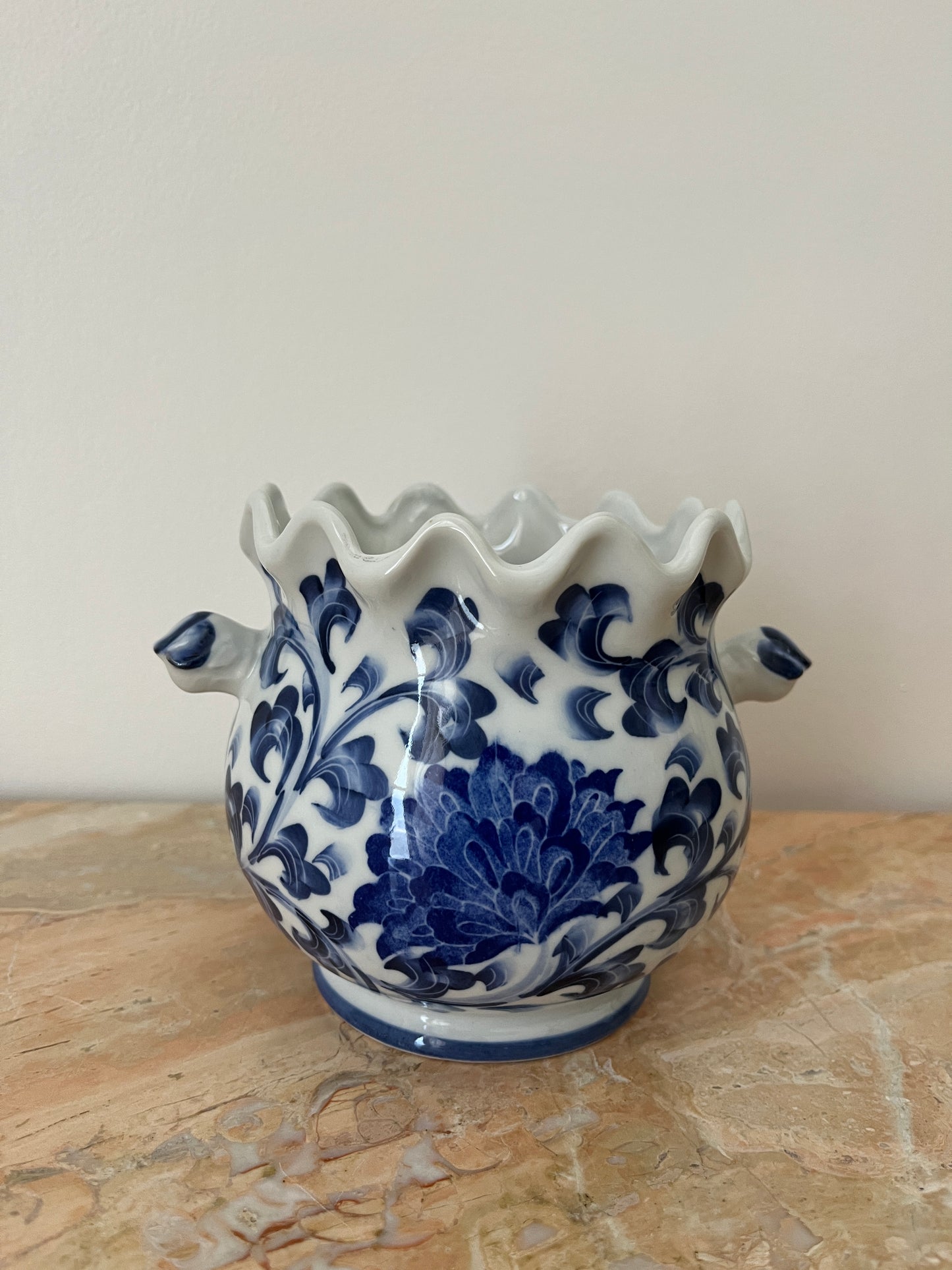 Blue & White Floral Porcelain Vase with Scalloped Rim