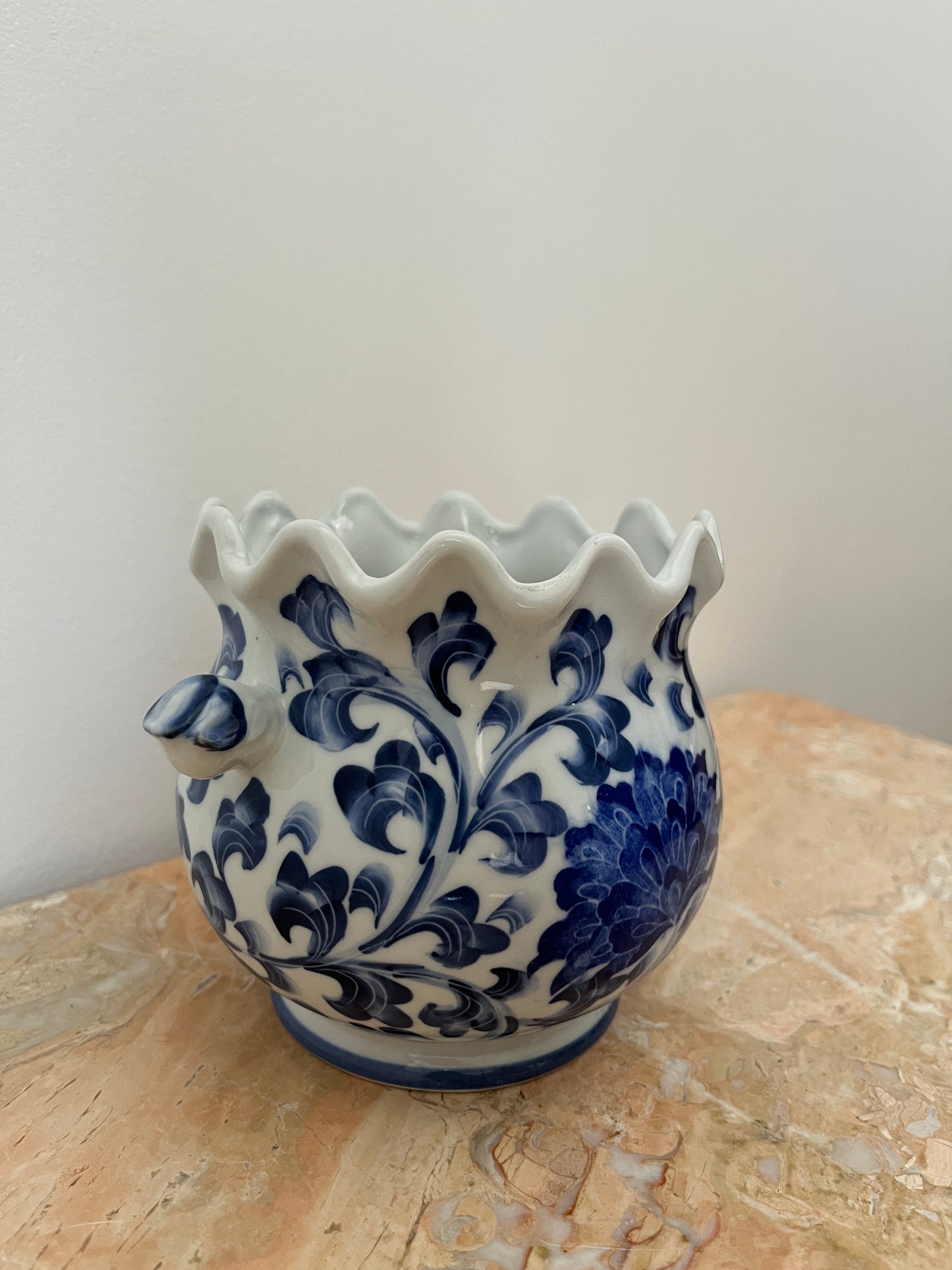 Blue & White Floral Porcelain Vase with Scalloped Rim