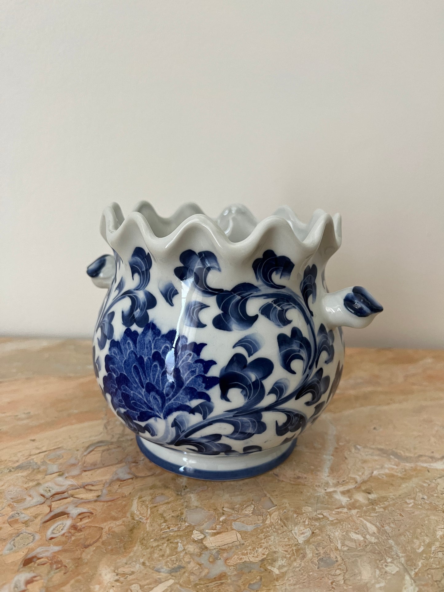 Blue & White Floral Porcelain Vase with Scalloped Rim
