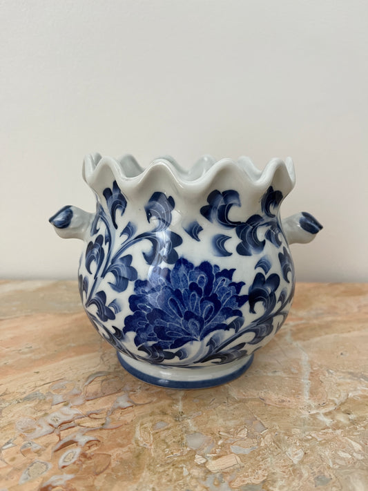 Blue & White Floral Porcelain Vase with Scalloped Rim