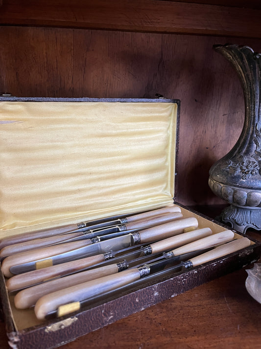 Vintage Stainless Steel French Knife Set With Horn Handles