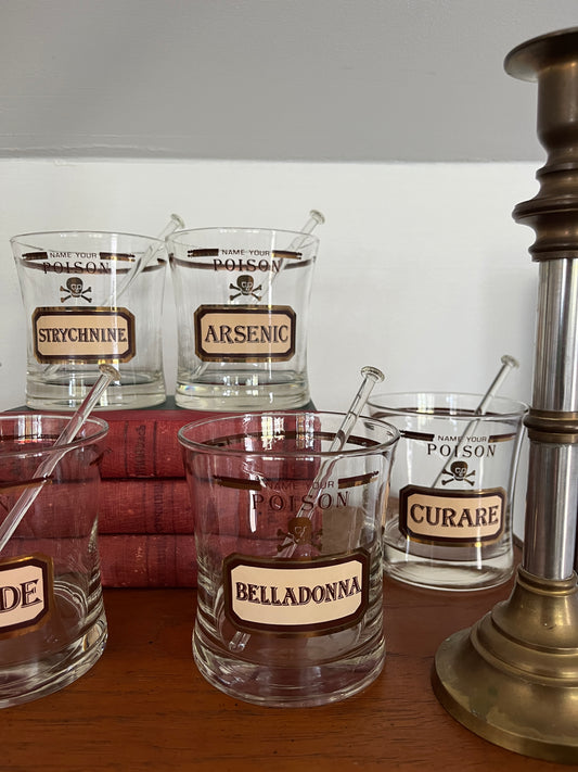Set of 6 Vintage Cera for Neiman Marcus 'Name Your Poison' Old Fashioned Glasses w/ Glass Swizzle Sticks