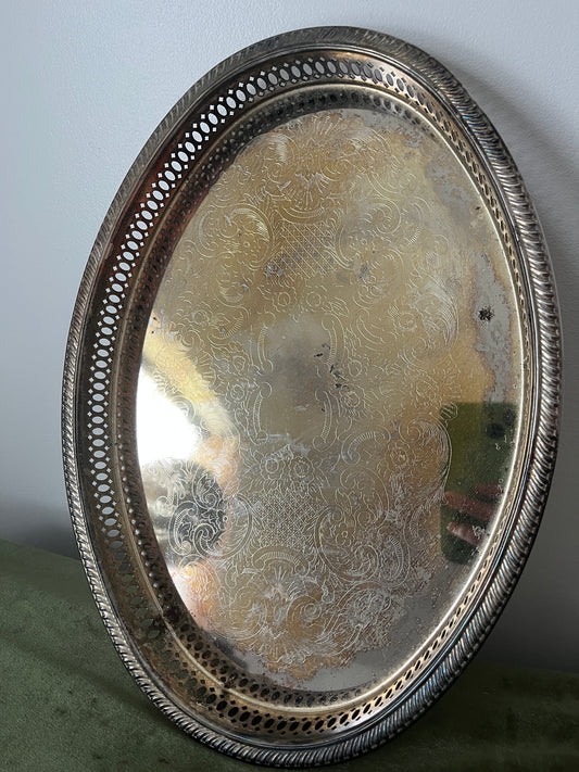 Vintage Silver-Plated Decorative Tray with Floral Design