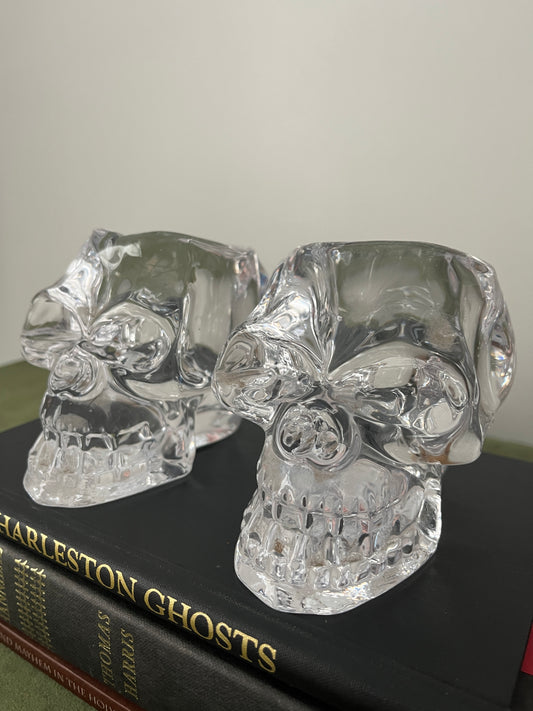 Pair Crystal Skeleton Head Candle Holders