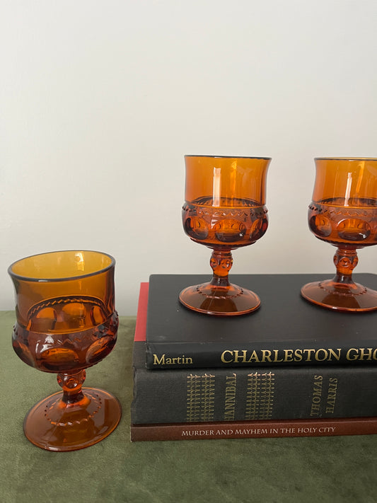 (4) MCM 4oz Amber Kings Crown Indiana Glass Goblets